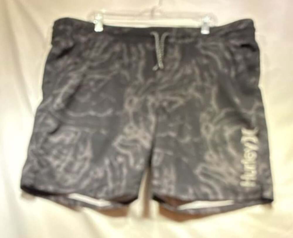 Hurley Men's Grey Water Print Drawstring Elastic Waist Board Shorts Swim Trunks